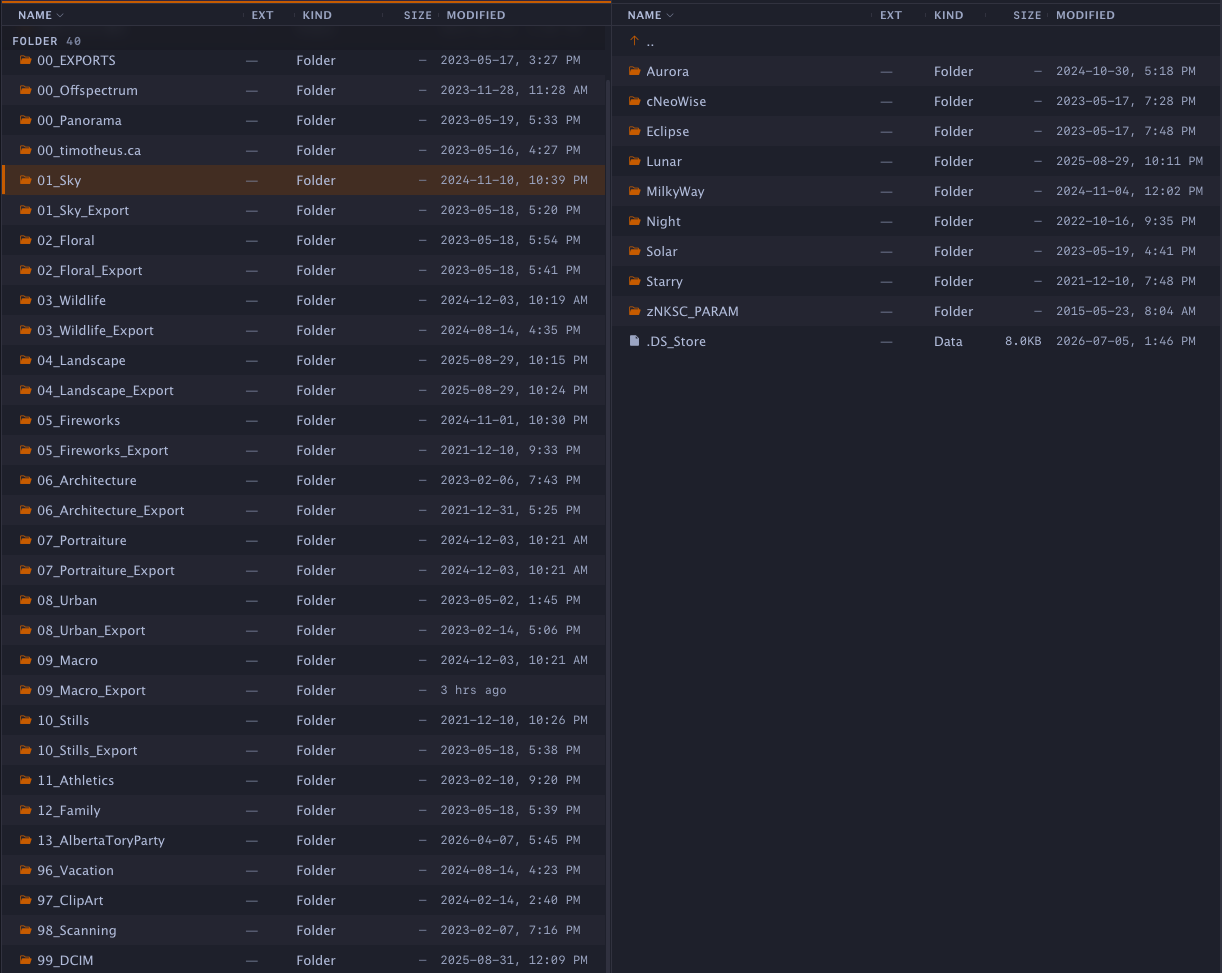 File browser showing numbered category folders such as 01_Sky and 04_Landscape with their _Export twins, and the subject subfolders inside 01_Sky